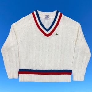 Vintage IZOD LACOSTE White Acrylic Chunky V-Neck Cable Knit Tennis Sweater Sz L